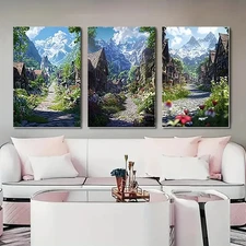 3pcs Fantasy Mountain Village    Wall Art Canvas Framed 50x70cm