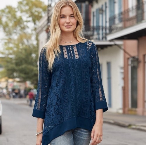 Sundance New Women’s Sense of Style Sheer Lace Tunic Boho Top Blouse Navy XS