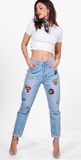 Pantalones de mezclilla Boo Hoo para mujer EE. UU. 4 parches rasgados novio ropa de calle informal viaje