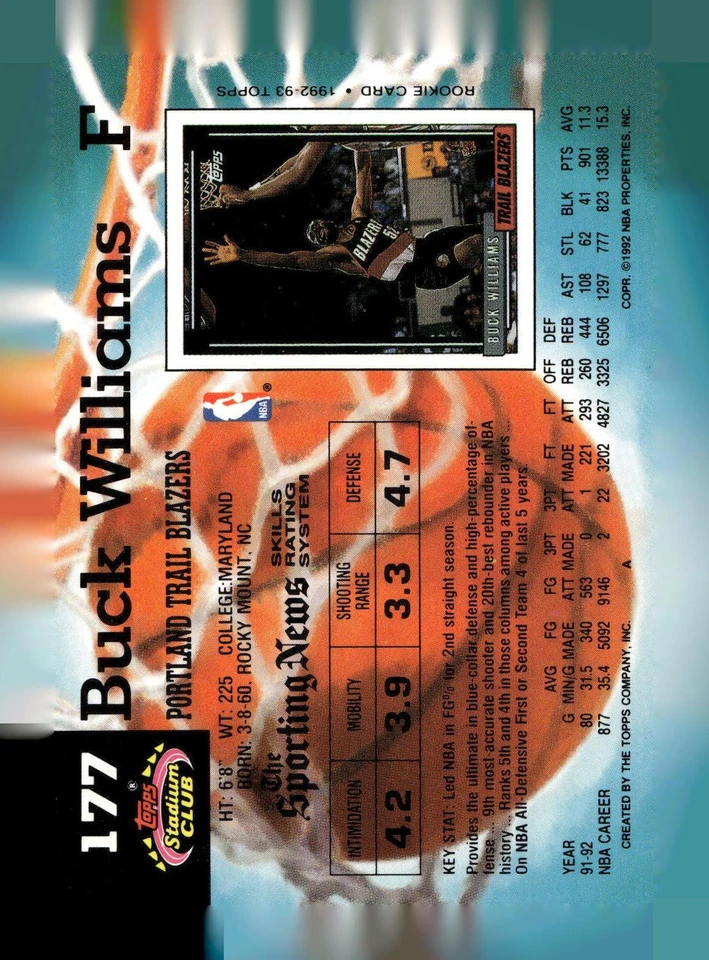 1992-93 Stadium Club #177 Buck Williams Portland Trail Blazers Basketball Card - Image 2 of 2