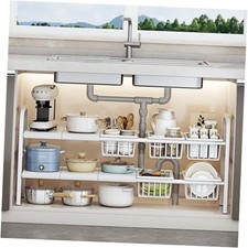 Under Sink Organizer  2 Tier Expandable Heavy Duty Metal Shelf  with Large White