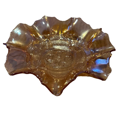 Dugan Apple Blossom Bowl 7” Marigold Carnival Glass Ruffled Edge Antique