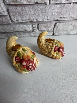 Cornucopia Candlestick Holder Set Ceramic Fall Thanksgiving Pumpkin