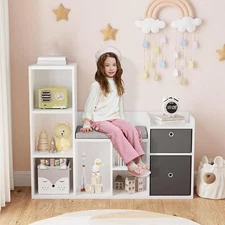 44" Kids Reading Nook with Bookshelf and Toy Storage & Seat Cushion