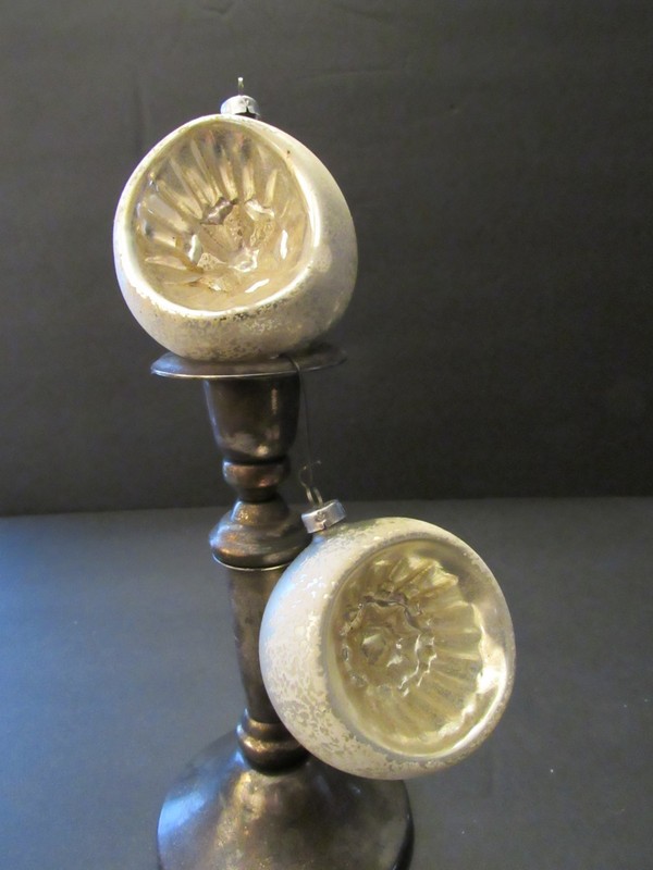 2 Vintage Mercury Glass Reflector Indent Flower Christmas Ornaments West Germany
