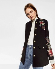 SALE £25 ~ ZARA Bloggers Favourite Black Floral Embroider Military Style 3/4 Jkt