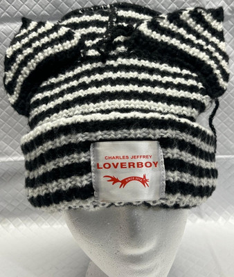 Charles Jeffrey Loverboy Ears Beanie Hat Black White Stripe Knit