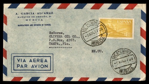 MayfairStamps Spain 1957 Murcia to Tampa FL Air Mail Cover aar_88941
