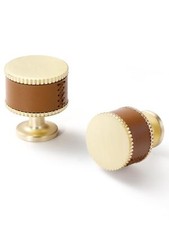 Leather Drawer Pulls Round 2 Pack Gold Brown Leather Handles Cabinet knobs fo...