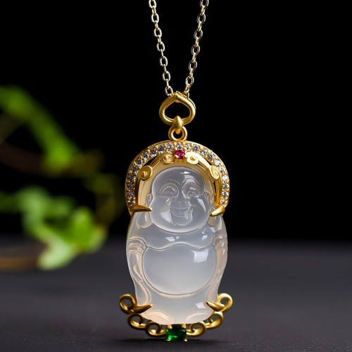 Collar colgante de Buda de jade sonriente con cadena de oro joyería de la suerte - Imagen 1 de 7