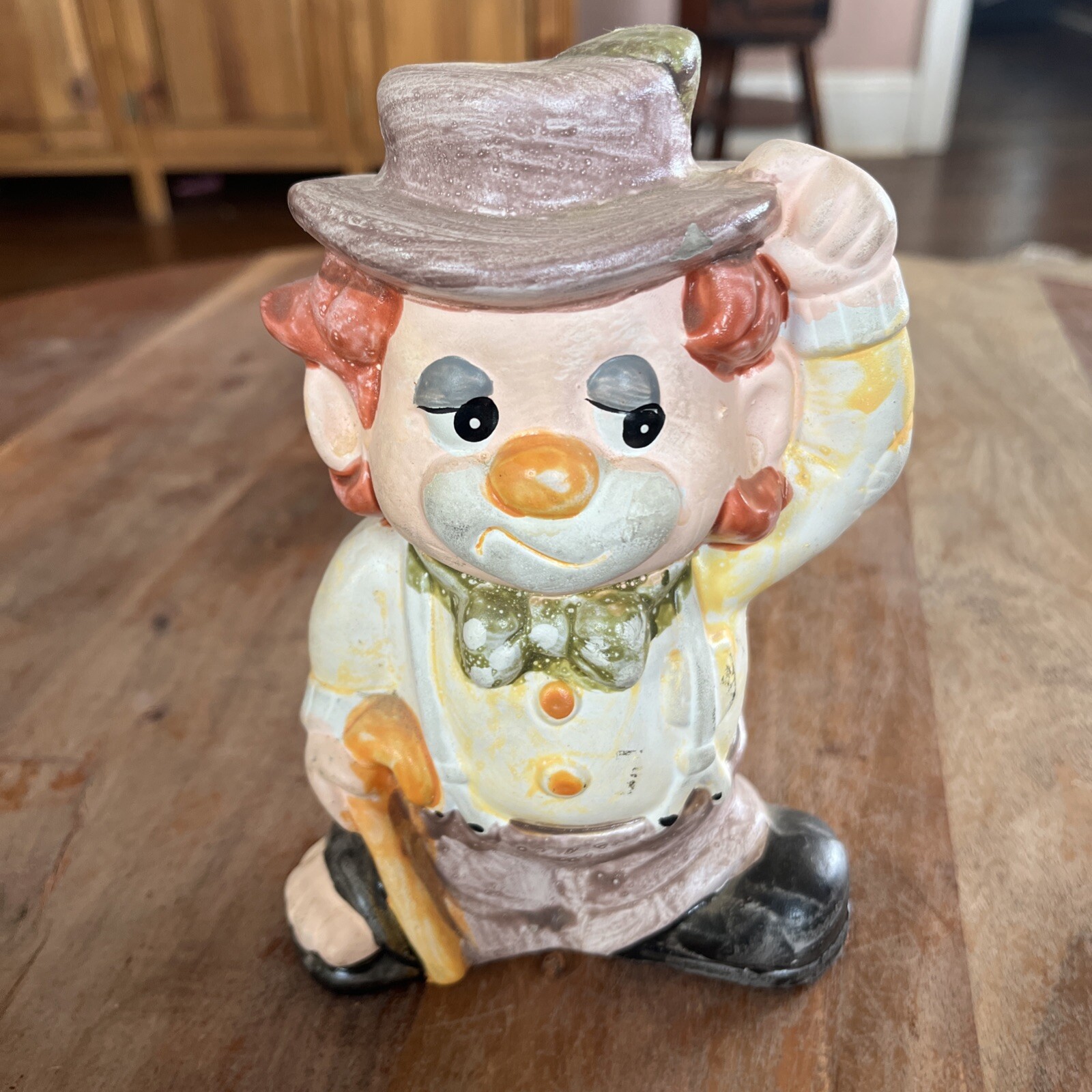 Vintage Clown Ceramic Figure 7” Coin Bank Handmade Hand-Painted