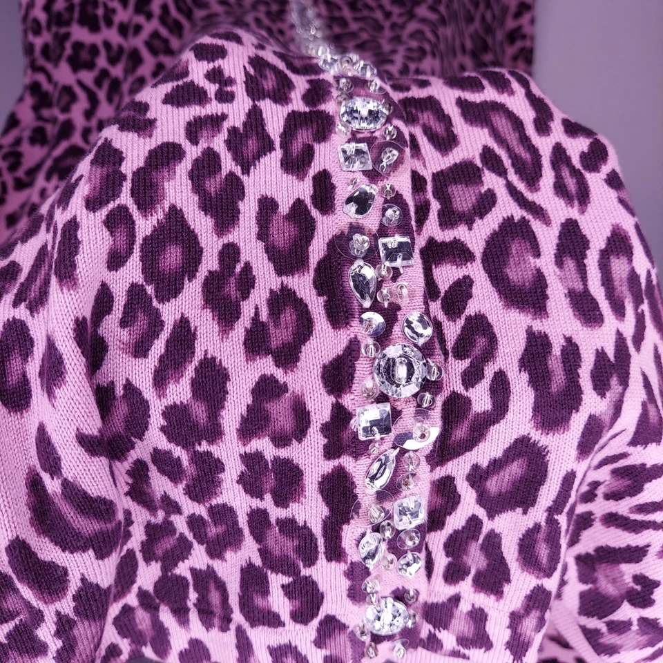 Quacker Factory Button Cardigan Women 1X Purple Sequin Beaded Animal Leopard NEW - Image 3 of 4