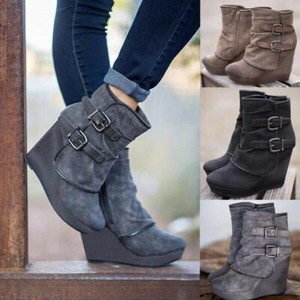 Botas De Invierno Para Mujer Cuña Zapatos De Plataforma Gruesa Cleated  Cremallera Hebilla al Tobillo Zapatos | eBay