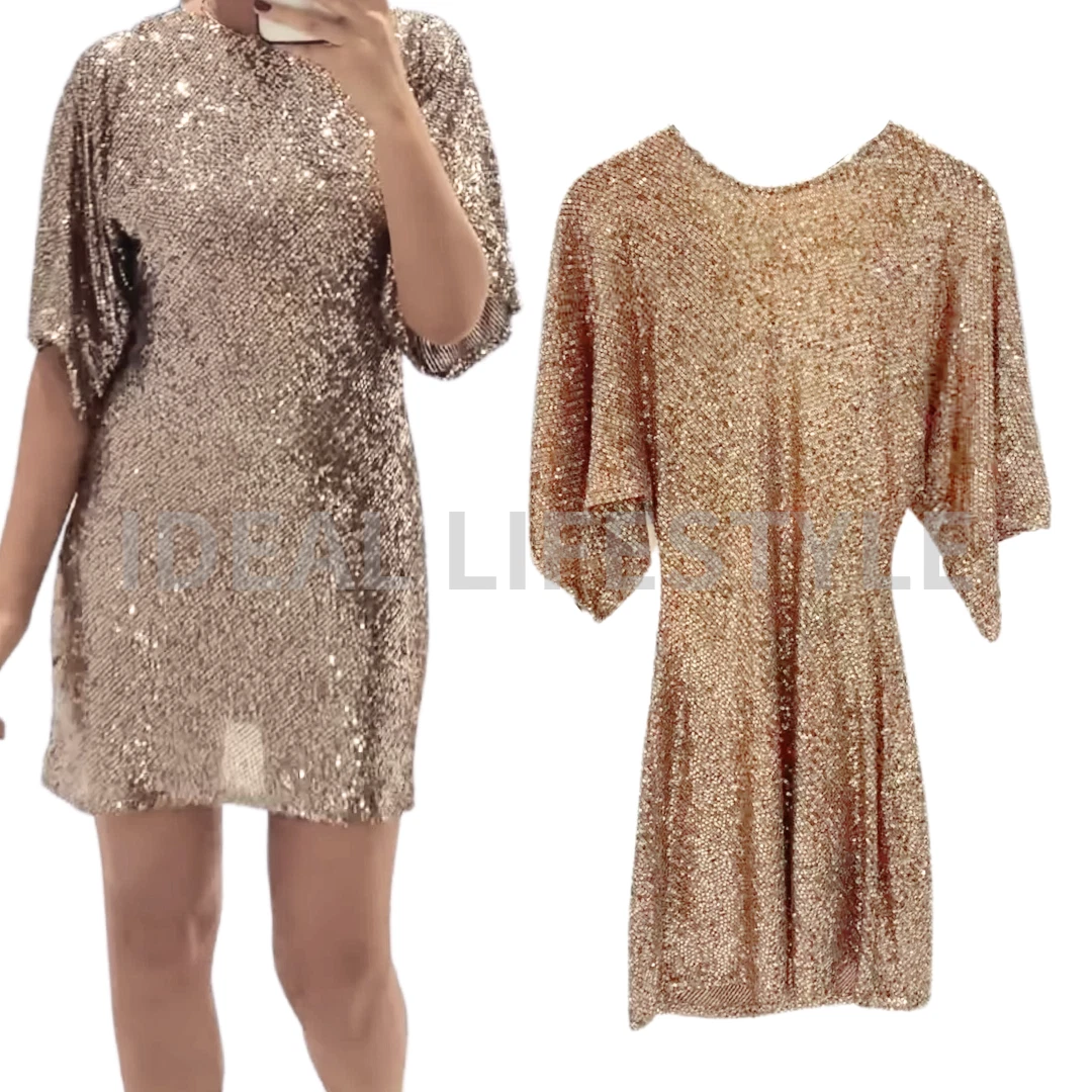 ZARA SHORT SEQUIN DRESS 8736 696 XS S M L Pink Gold Short Sleeve