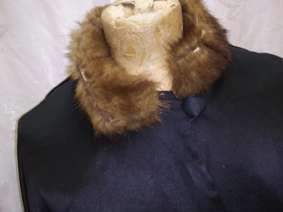 Abrigo de piel marrón satinado rayón negro vintage años 20 prenda de sello mediano Foto 4 de 4