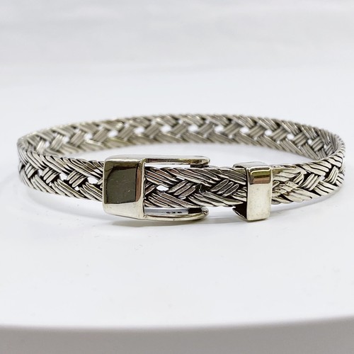 925 Sterling Silver Adjustable Buckle Braided Woven Bangle Bracelet (LO1006689) - Picture 2 of 8