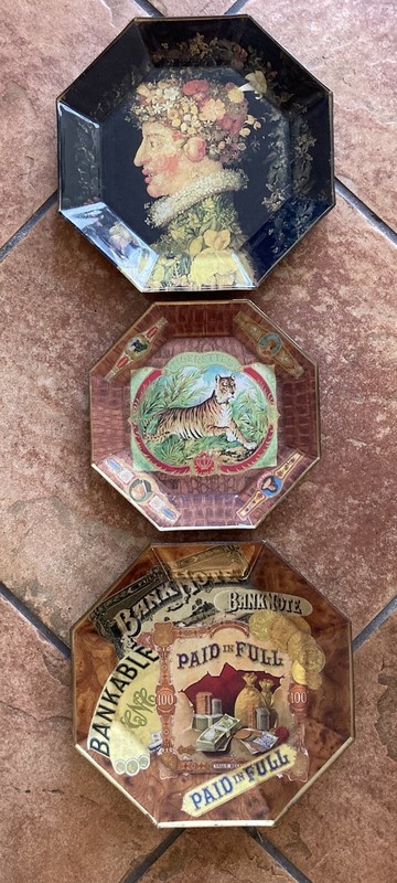 Vintage Decorative Plates: Cigar Labels, Bank Note & Floral Prince. Handmade