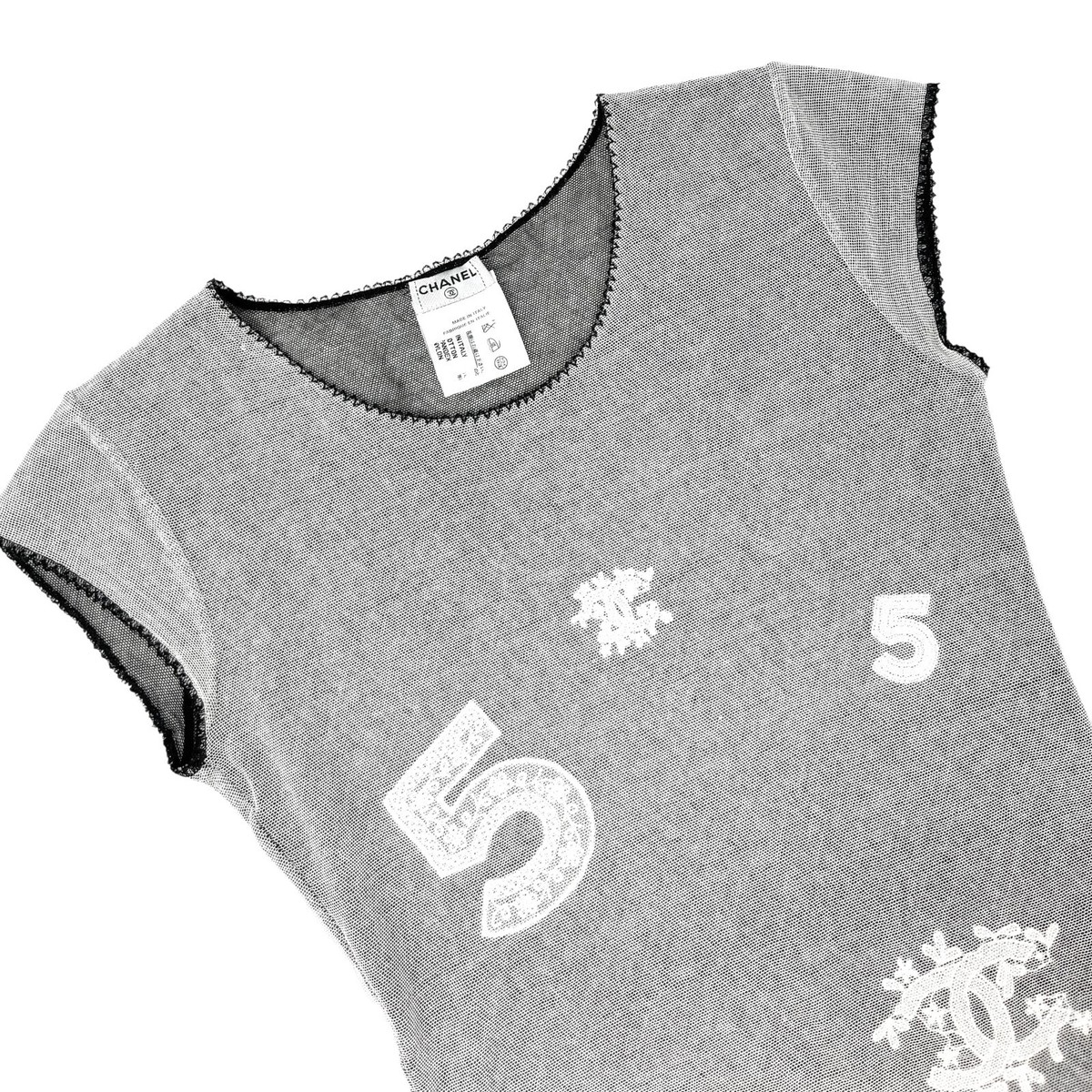 CHANEL Vintage 04P CC Logo Mesh Top #34 Cotton Spandex White Black
