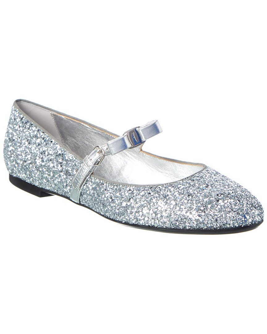 Женские балетки на плоской подошве Ferragamo Lizz Glitter & Leather серебристого цвета 5.5 D