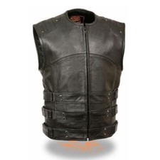 MENS MOTORCYCLE TACTICAL SWAT STYLE LEATHER VEST w/ TWO CONCEAL POCKETS - USA37