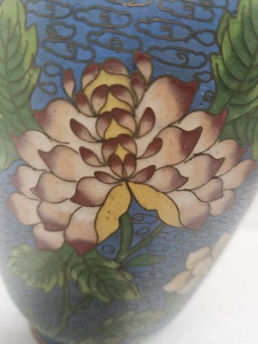 VINTAGE SCHÖNE BLAUE CHINESISCHE MESSING BLUMEN CLOISONNE VASE - Bild 3 von 12