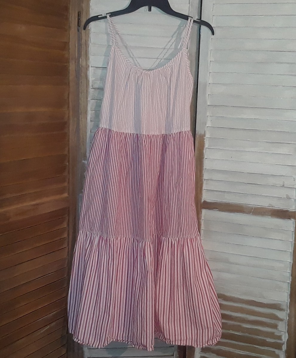 Free Assembly Size M Pink Striped Double Strap Cross Back Tiered Midi  Pockets | eBay