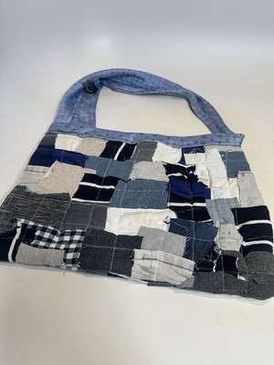 Blue and White Patchwork Shoulder Bag with Quilted Finish, Stitching Accents
