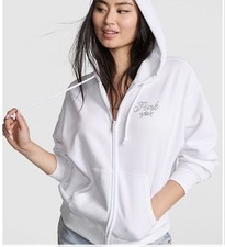 Victoria's Secret PINK Ivy Fleece Campus Full-Zip Hoodie White Bling XXL NWT