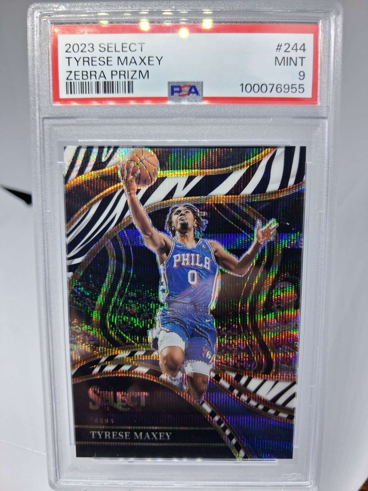 2023-24 Panini Select Courtside Zebra Prizm Tyrese Maxey #244 PSA 9 MINT 