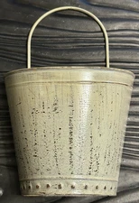 Vintage  METAL GARDEN PLANTER Wall Pocket Distress Ivory Tin 1/2 Moon Bucket 9"