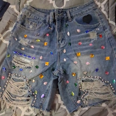 Women Colorful Diamond-Encrusted Denim Short Capri Size M Blue High Waist Ripped