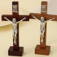 Vintage Wooden Jesus Cross Figurine with Stand for Catholic Christian Home Decor