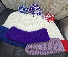 4 Handmade Beanie Winter Hat Woven Crochet Pom Pom Solid Blue Red Purple White