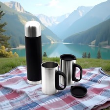 Thermosflasche Edelstahl Thermoskanne Isolierflasche SET inkl 2 Edelstahl Becher