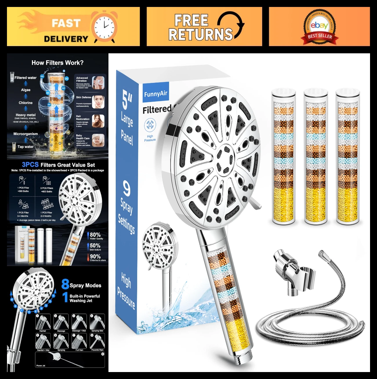 High Pressure Handheld Shower Head, 9 Spray Modes, 20-Stage Filtration, 3 Filter