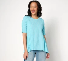 LOGO by Lori Goldstein Women's Top Plus Sz 3X Eyelet Elbow Sleeve Blue A647335