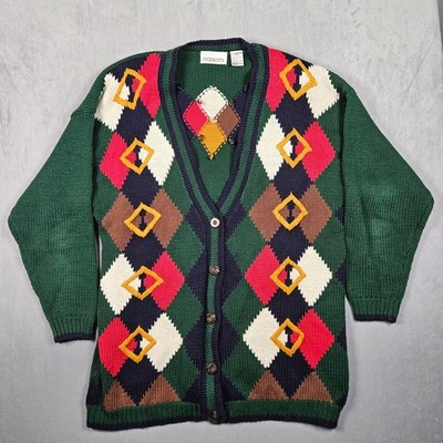 Vintage Cardigan Sweater Women's Medium Green Argyle Chunky Knit Grandma 90s