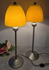 Vintage Set Of 2 Table Lamps Yellow Shade & Silver Tone Base