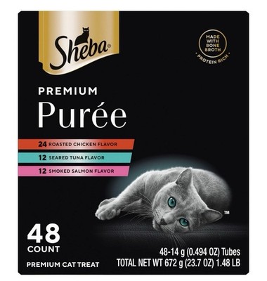 48 Sheba Premium Puree Cat Treats Lickable Roasted Chicken Flavor, Smoked Salmon
