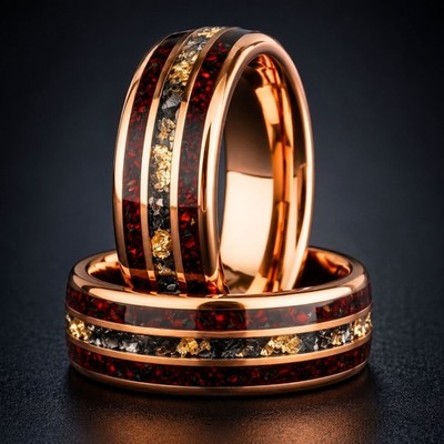 Rose Gold Tungsten Meteorite Men s Wedding Ring   Crushed Gold Leaf & Red Opal