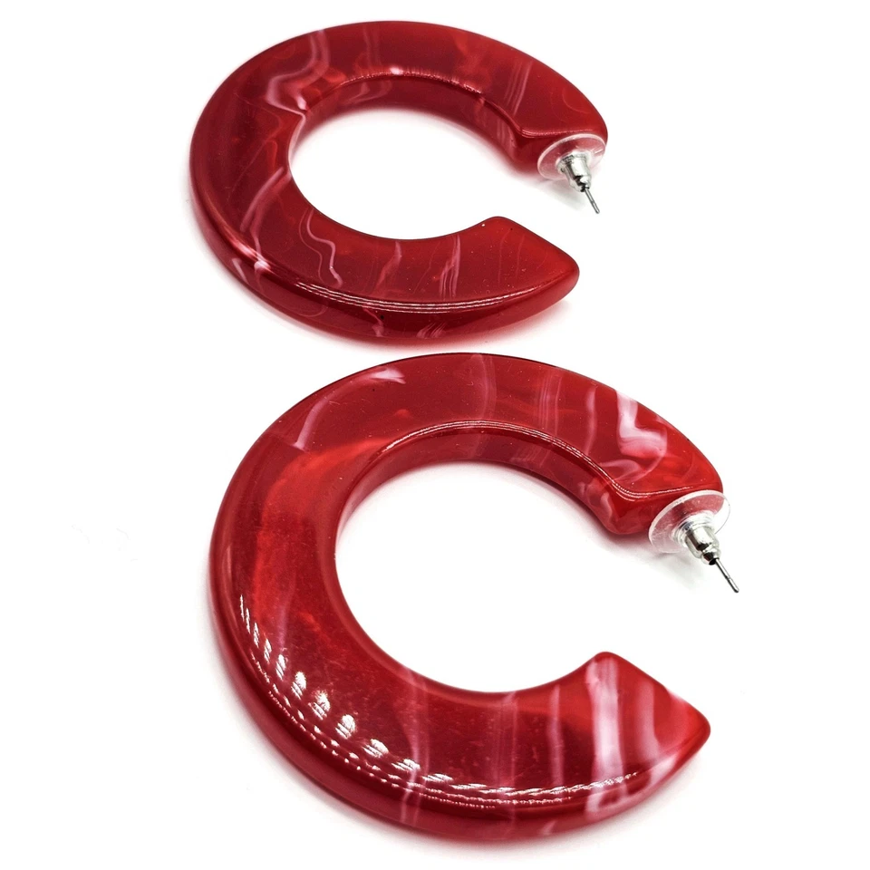 Bold Oversized Red Acrylic Hoop Earrings – Marbled Resin Open Circle Statement E - Image 4 of 4