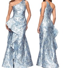 Xscape Silver Blue Metallic Ruffle One-Shoulder Jacquard Mermaid Gown Sz 10 $308