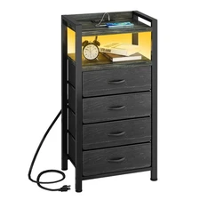 Night Stand with Charger Station and LED Light Black Nightstand with Drawers ...