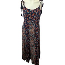 Raga Boho Floral Midi Dress S Tassel Tie Straps Navy Orange Flowy