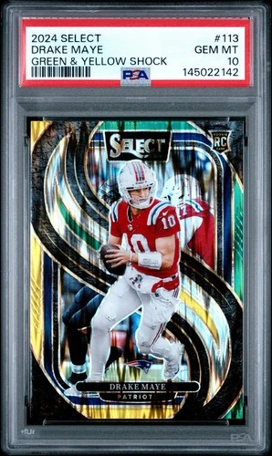 2024 Panini Select Football Drake Maye Green & Yellow Shock Rookie #113 PSA 10