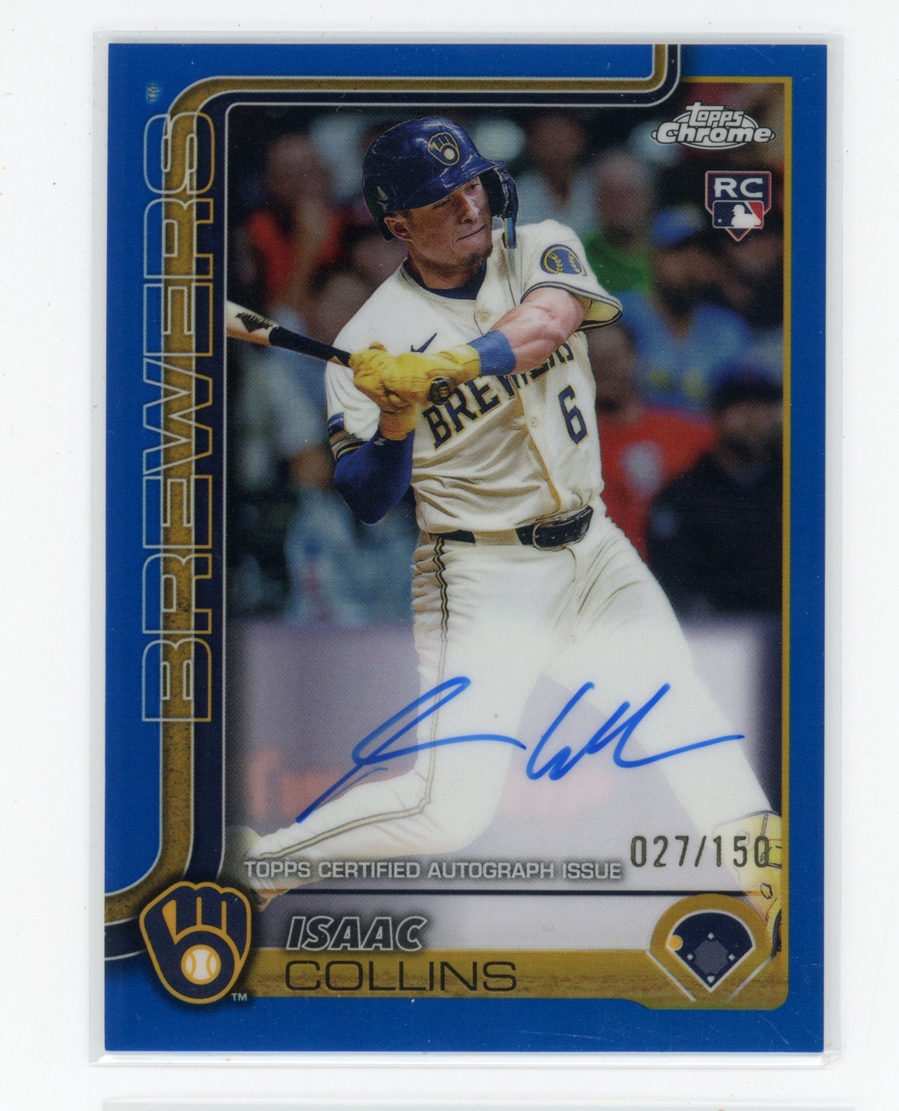 2025 Topps Chrome Isaac Collins RC Rookie Blue Refractor AUTO #027/150 (WD)