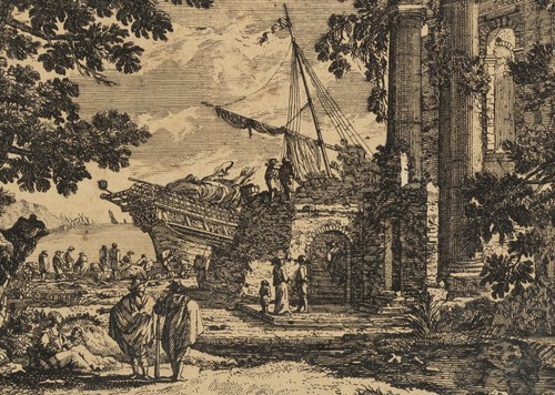 Ruinen vor Hafen mit Segelschiff, um 1750, Kupferstich Unbekannt (18.Jhd) - Bild 3 von 4