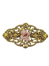 1928 Jewelry Hair Barrette Gold Tone Rose Pink Porcelain Vintage Filigree 2.5"