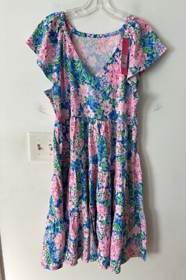 Lilly Pulitzer Kawai Flutter Sleeve Tiered Dress Spring Step Knit Cotton L;NWT
