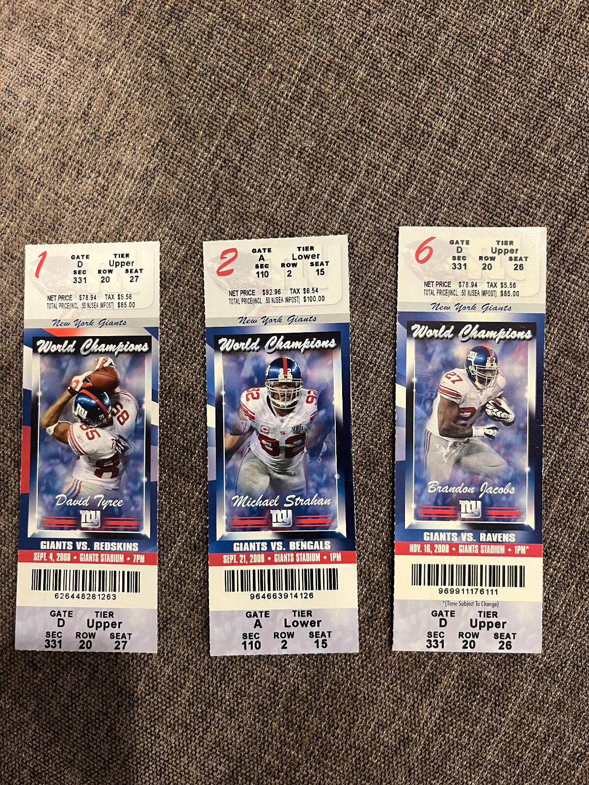 3 NY GIANTS TICKET STUBS FROM 2008 1 year after Super Bowl Victory
